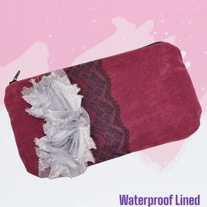 Waterproof Make Up Bag Maroon Velvet W/ Lace
